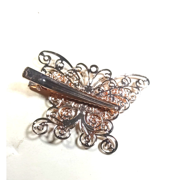 Butterfly Hair Clip Rose Gold Color Silver Sparkle Rhinestone - Picture 3 of 5
